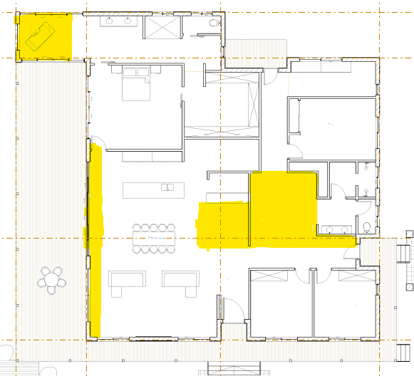 Floor plan showing 20 square metres of excess circulation space highlighted
