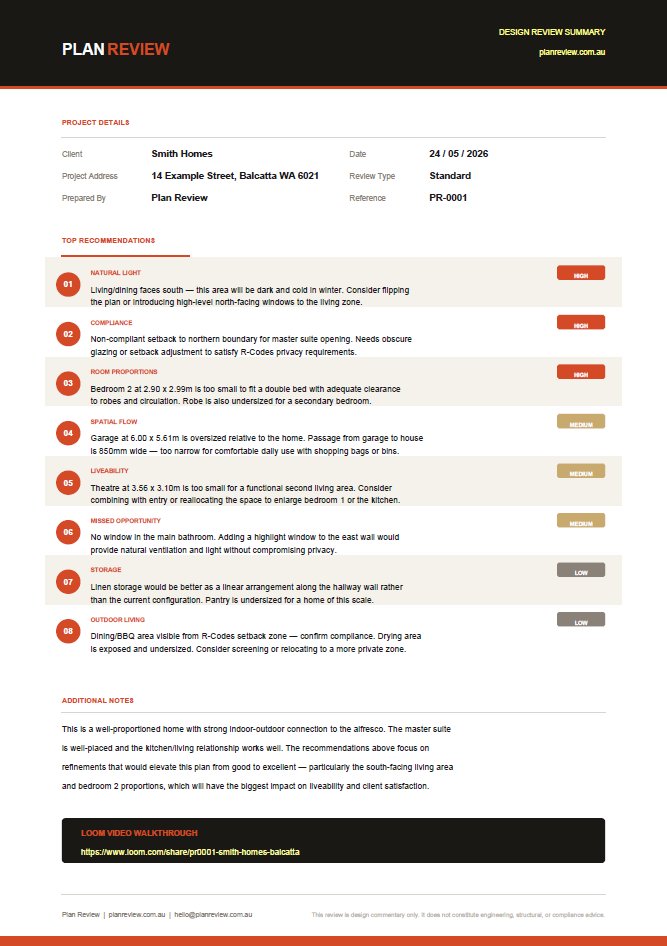 One-page PDF design review summary with ranked recommendations